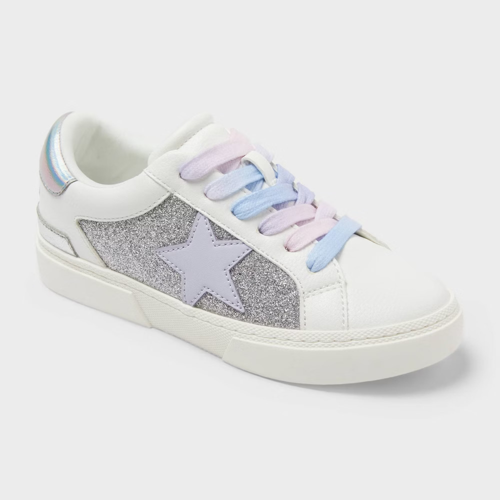 Girls Big Kids Size 4 White Glitter Star Sneakers Lace Up Art Class Kaitlyn New